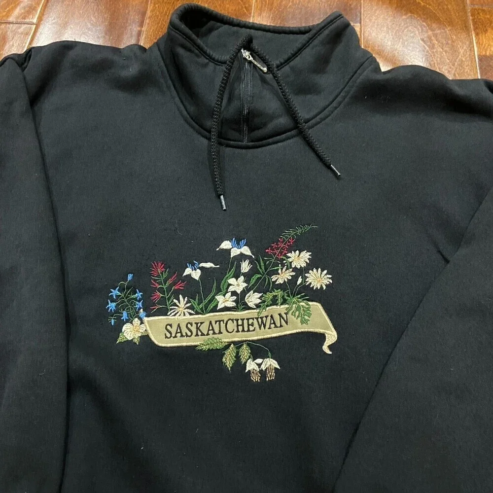 Saskatchewan Canada Vintage Cowl Neck Sweatshirt Black Embroidered Women's M - Picture 2 of 8